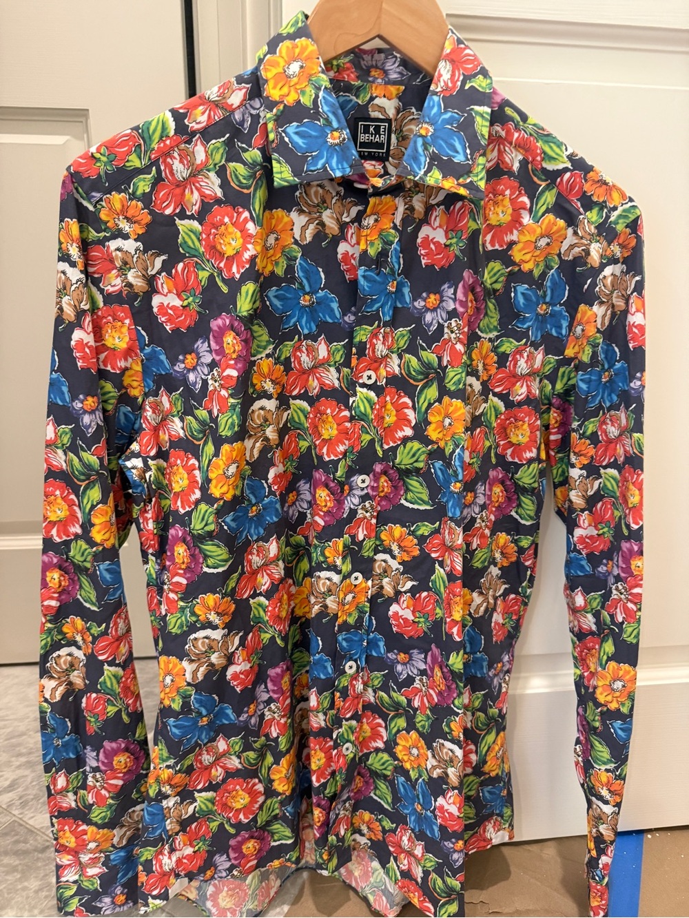 Ike Behar Navy Blue Floral Button-Down Shirt with Multicolor Blooms